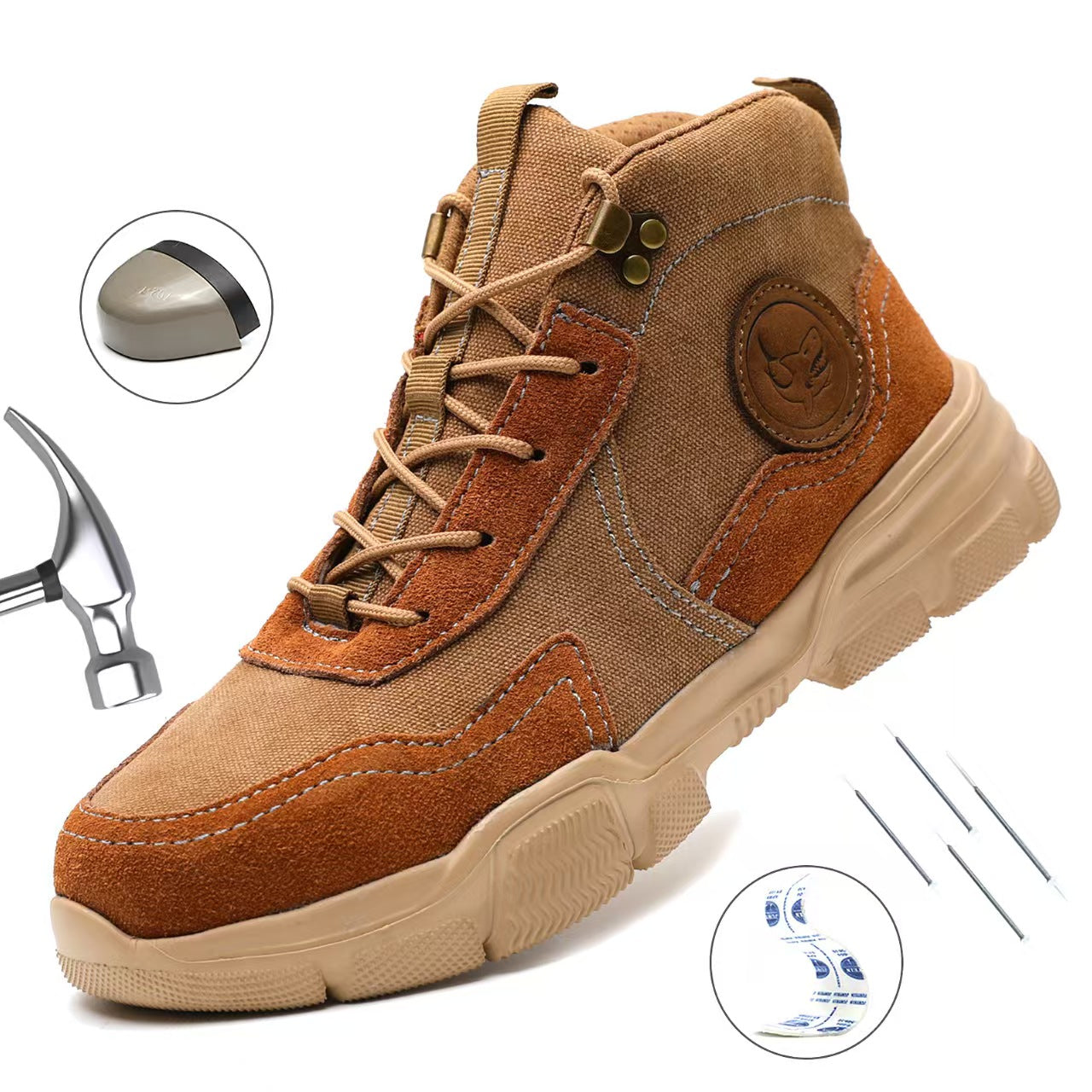 Breathable lightweight cowhide canvas with steel toe cap, impact and anti puncture EVA soft sole safety shoes