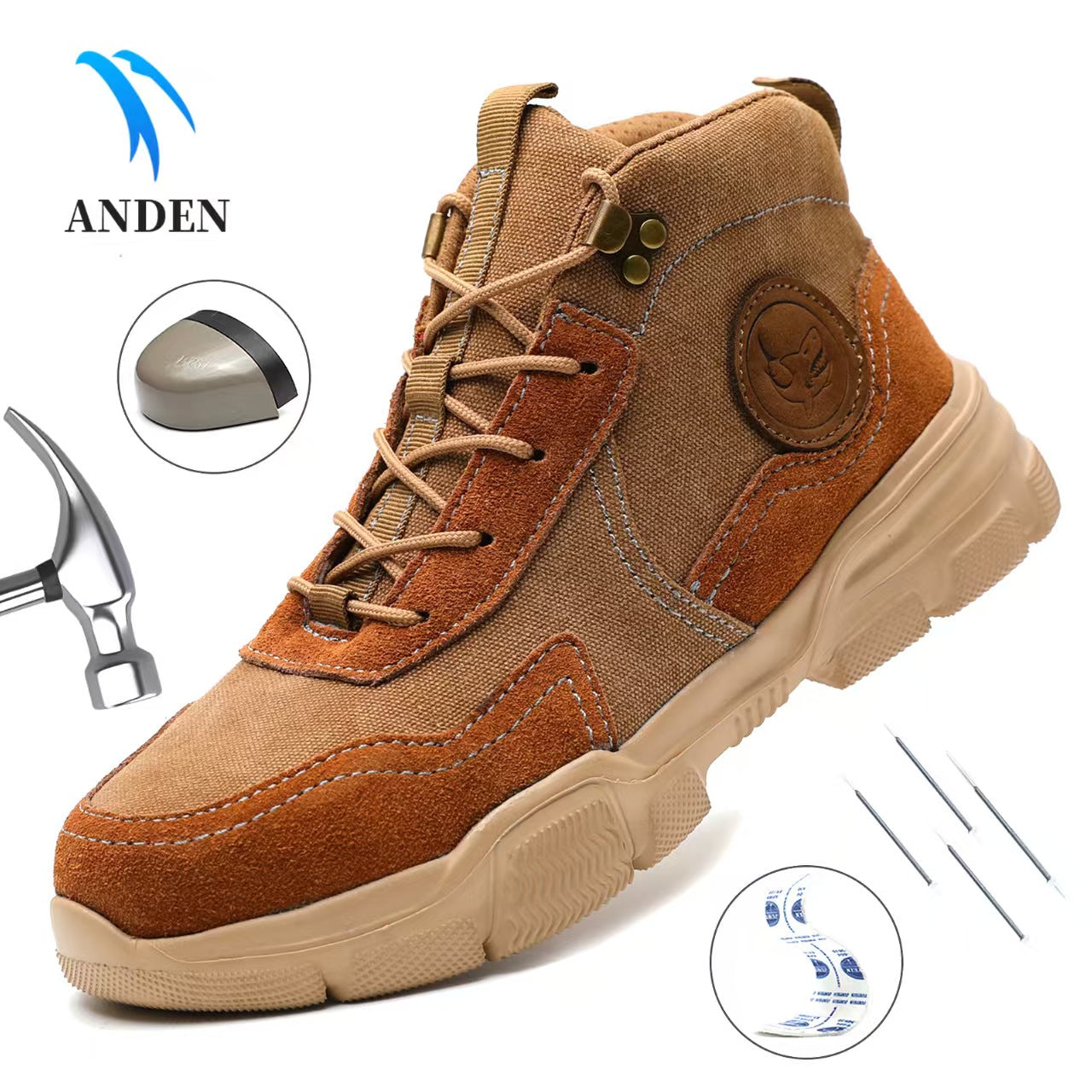 Breathable lightweight cowhide canvas with steel toe cap, impact and anti puncture EVA soft sole safety shoes