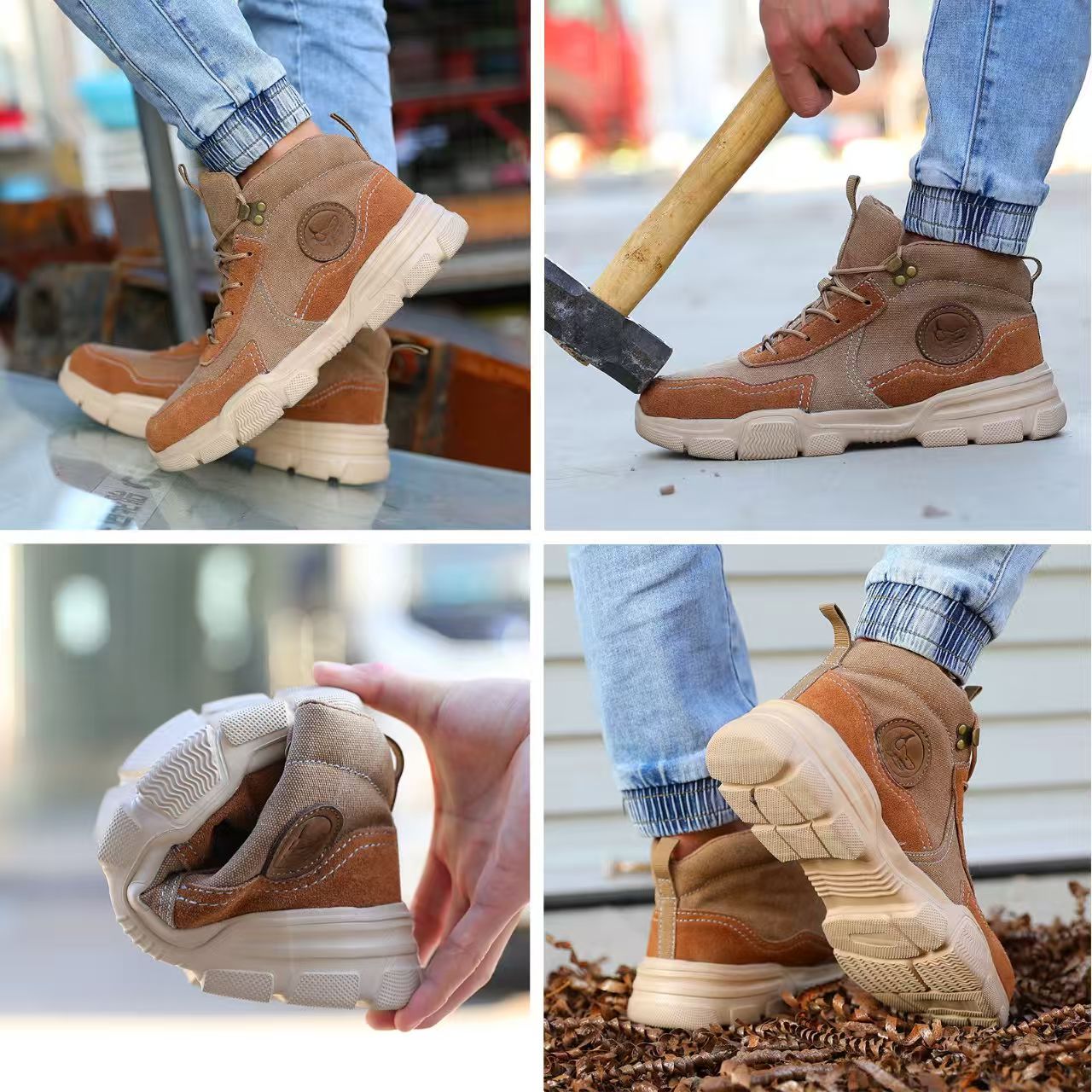 Breathable lightweight cowhide canvas with steel toe cap, impact and anti puncture EVA soft sole safety shoes