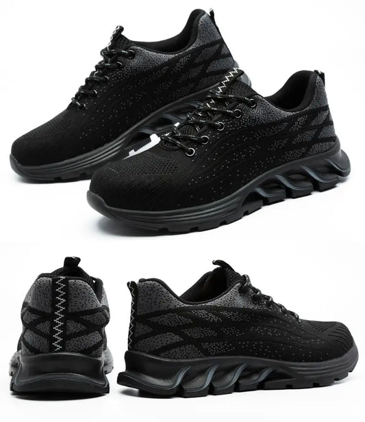 Summer Labor Insurance Shoes Men Flying Woven Breathable Safety Shoes Button Elastic Shoelaces Slip-on Work Shoes